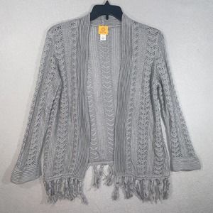 Ruby Rd Cardigan Womens Large Grey Long Sleeve Tight Knit Tasseled Casual Adult